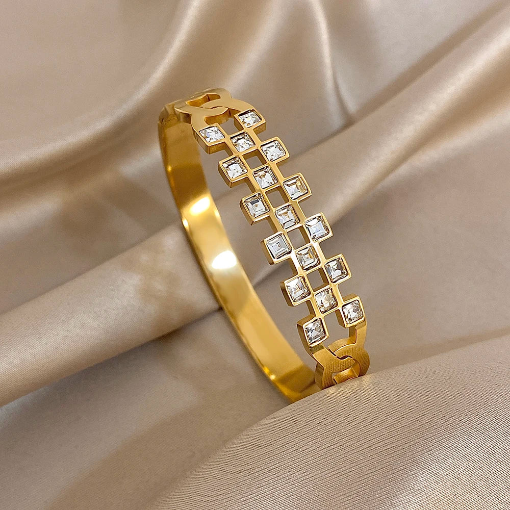 Nouveau Bracelet Manchette en Acier Inoxydable Étanche pour Femme Exquis Brillant Incrusté de Zircon Géométrique Superposable Bijoux Cadeaux