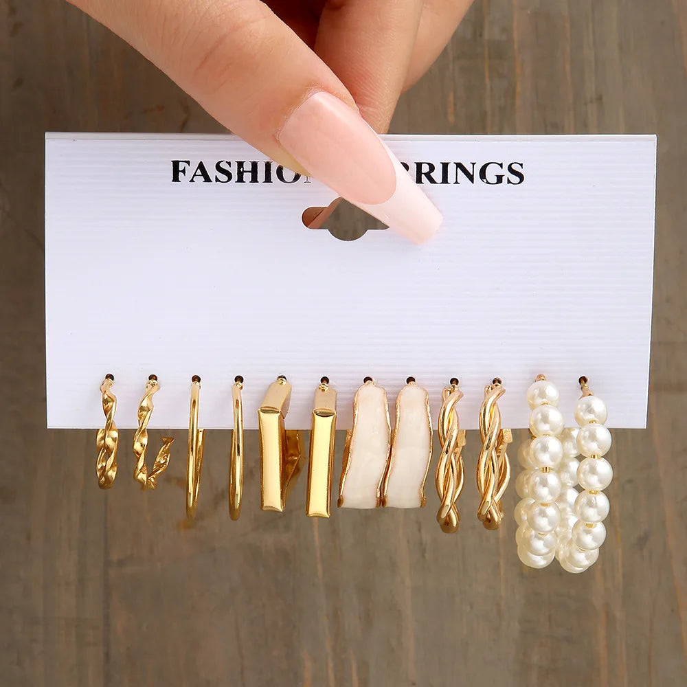 LATS Grand ensemble de boucles d'oreilles créoles bohèmes pour femmes, couleur or, style bohème, vintage, perle, boucles d'oreilles carrées, clous d'oreilles cœur en zircon, bijoux