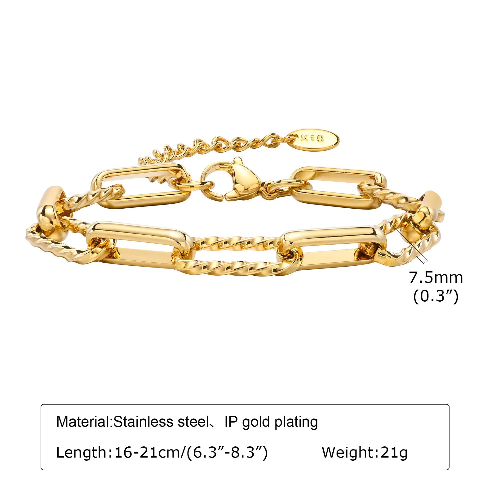 Bracelet chaîne en acier inoxydable pour femme, bracelet ajustable maillons trombone torsadés plaqué or 18 carats, bijoux superposables épais