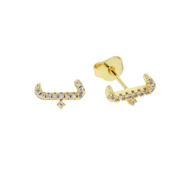 Boucles d'oreilles clous alphabet lettre arabe, micro-serties de zirconiums cubiques, couleur or, minimalistes et délicates, pour femmes et jeunes filles, vente en gros
