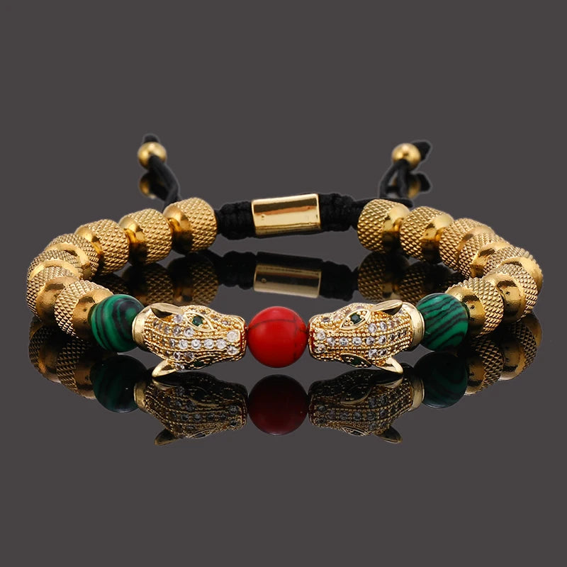 Bracelet Homme Perles en Acier Inoxydable Luxe Têtes de Léopard Royales Breloques Bijoux Cadeau Garçon
