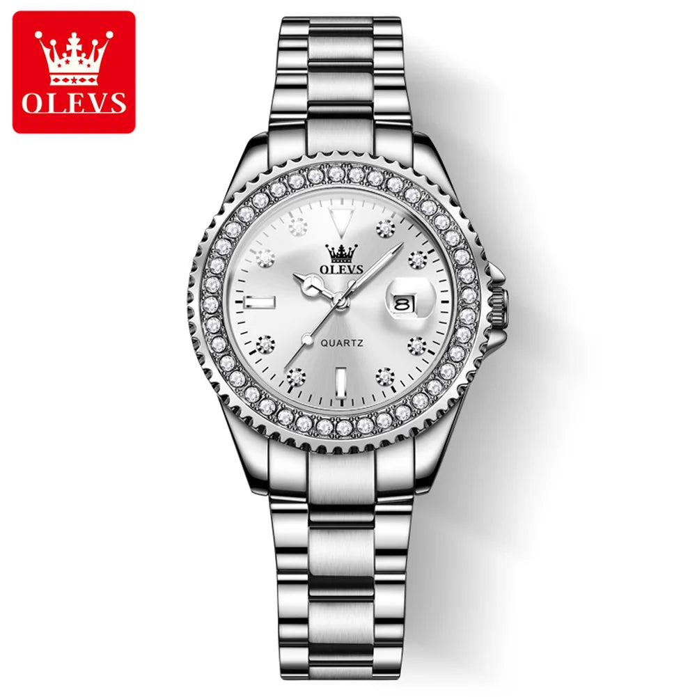 OLEVS 9945 Montre à quartz originale de marque supérieure pour femmes Montre-bracelet de luxe à calendrier à diamants en acier inoxydable pour femmes