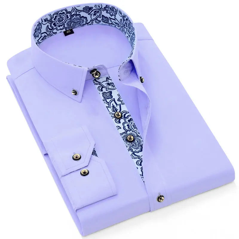 Chemise à col en porcelaine bleue et blanche pour homme à manches longues de style coréen, coupe slim, décontractée, habillée, unie, en coton