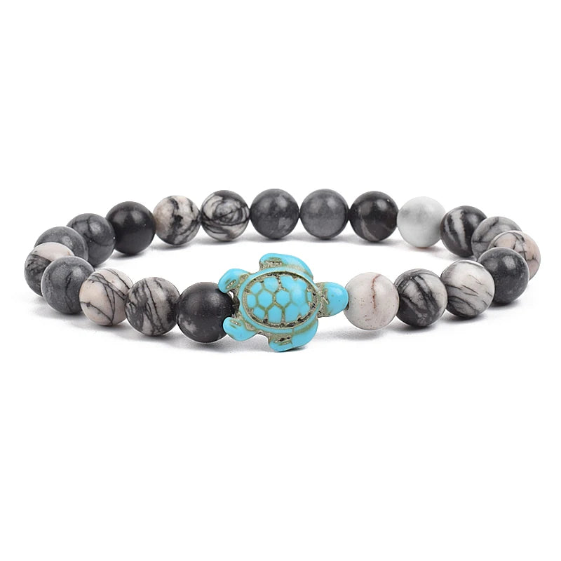Bracelet perles tortues de mer 8 mm Turquoise Pierre Naturelle Élastique Extensible Femmes Hommes Amitié Bijoux d'Été Plage Cadeaux