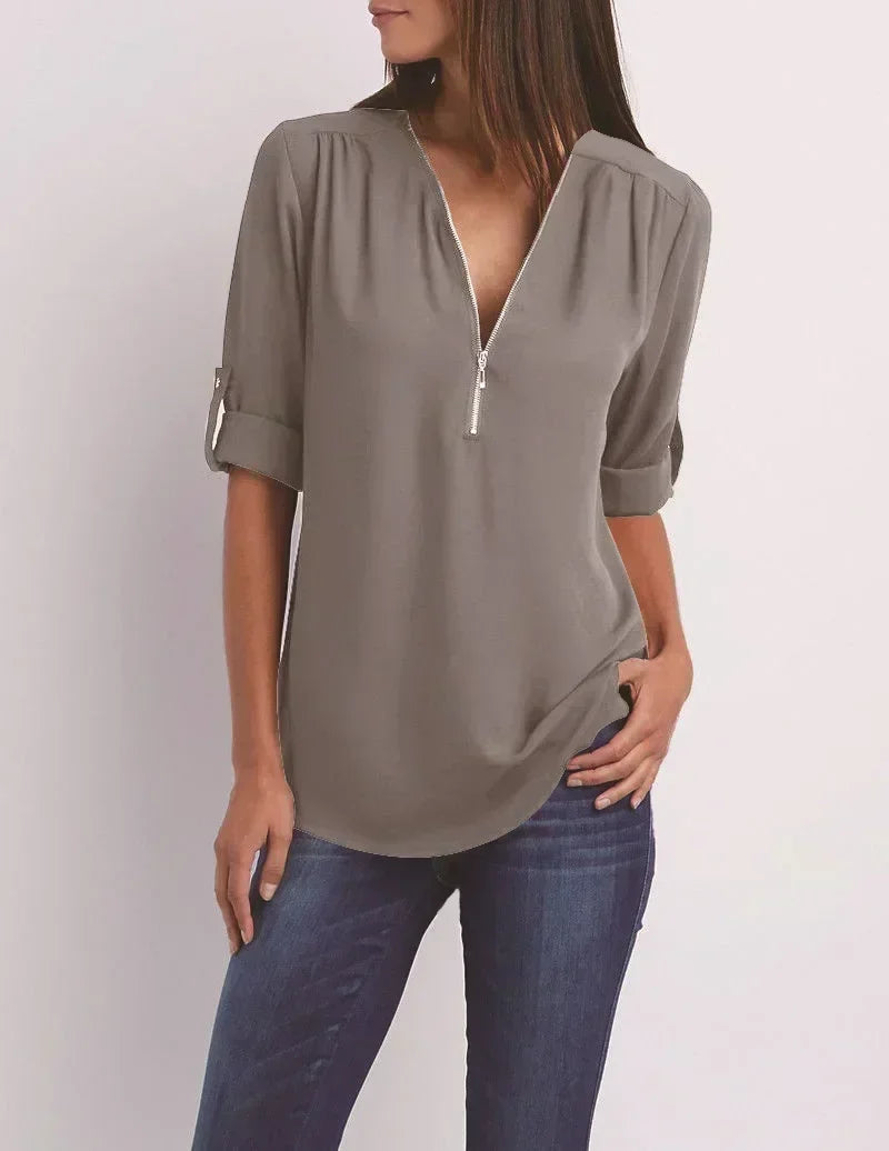 Chemise ample d'été pour femmes Col en V profond Blouse en mousseline Décontracté Tops pour femmes Sexy Fermeture éclair Pull Grande taille Manches longues Tendance