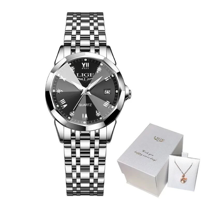 Montre-bracelet LIGE élégante ultra-fine de style nordique simple à mouvement quartz pour femme, bracelet en acier inoxydable tendance