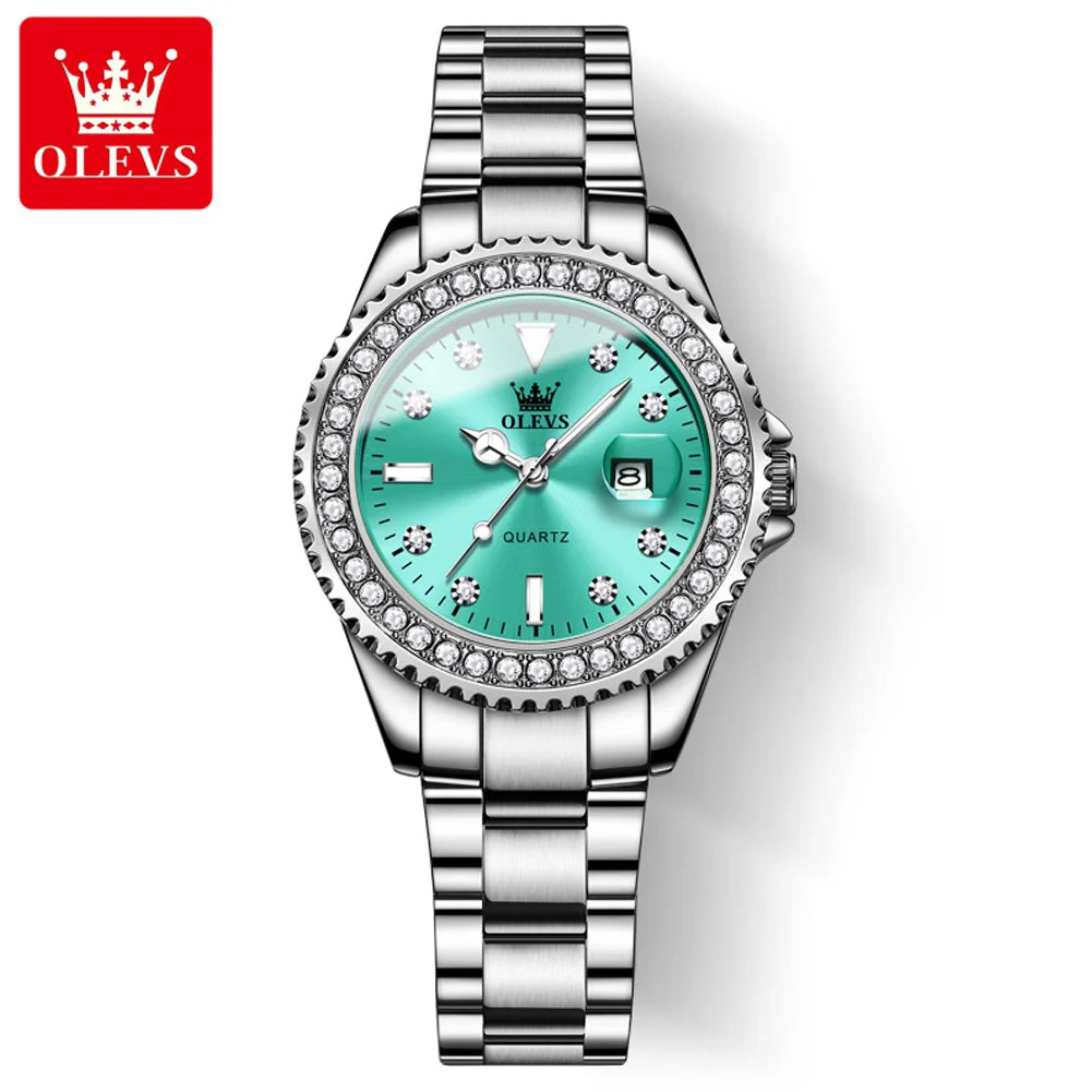 OLEVS 9945 Montre à quartz originale de marque supérieure pour femmes Montre-bracelet de luxe à calendrier à diamants en acier inoxydable pour femmes
