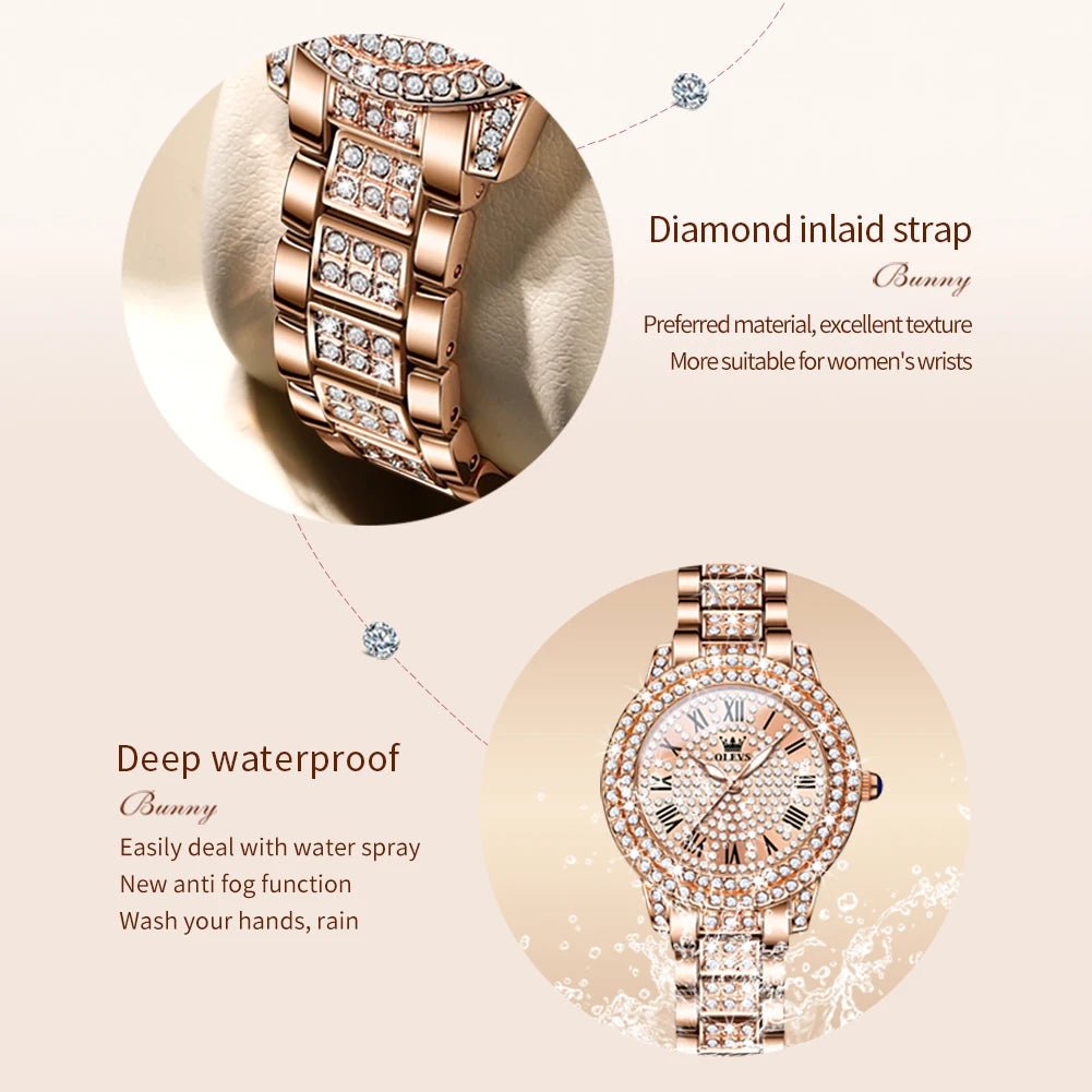 OLEVS 9943 Montre à Quartz Originale Entièrement Sertie de Diamants pour Femme Acier Inoxydable Or Rose Étanche Élégante Luxe Haut de Gamme Montre-Bracelet pour Dames