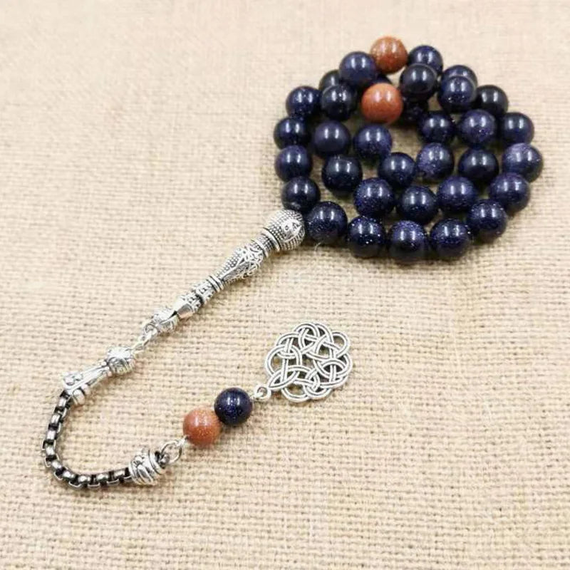 Natural Blue SandStone tasbih with Gold sandstone Muslim man's gfit For Eid 33 45 99 Paryer beads Special New misbaha bracelet