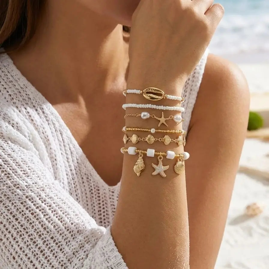 Bohemian Shell Starfish Bead Bracelet Set for Women Summer Beach Multilayer Starfish Conch Stacked Bracelet Party Jewelry Gifts