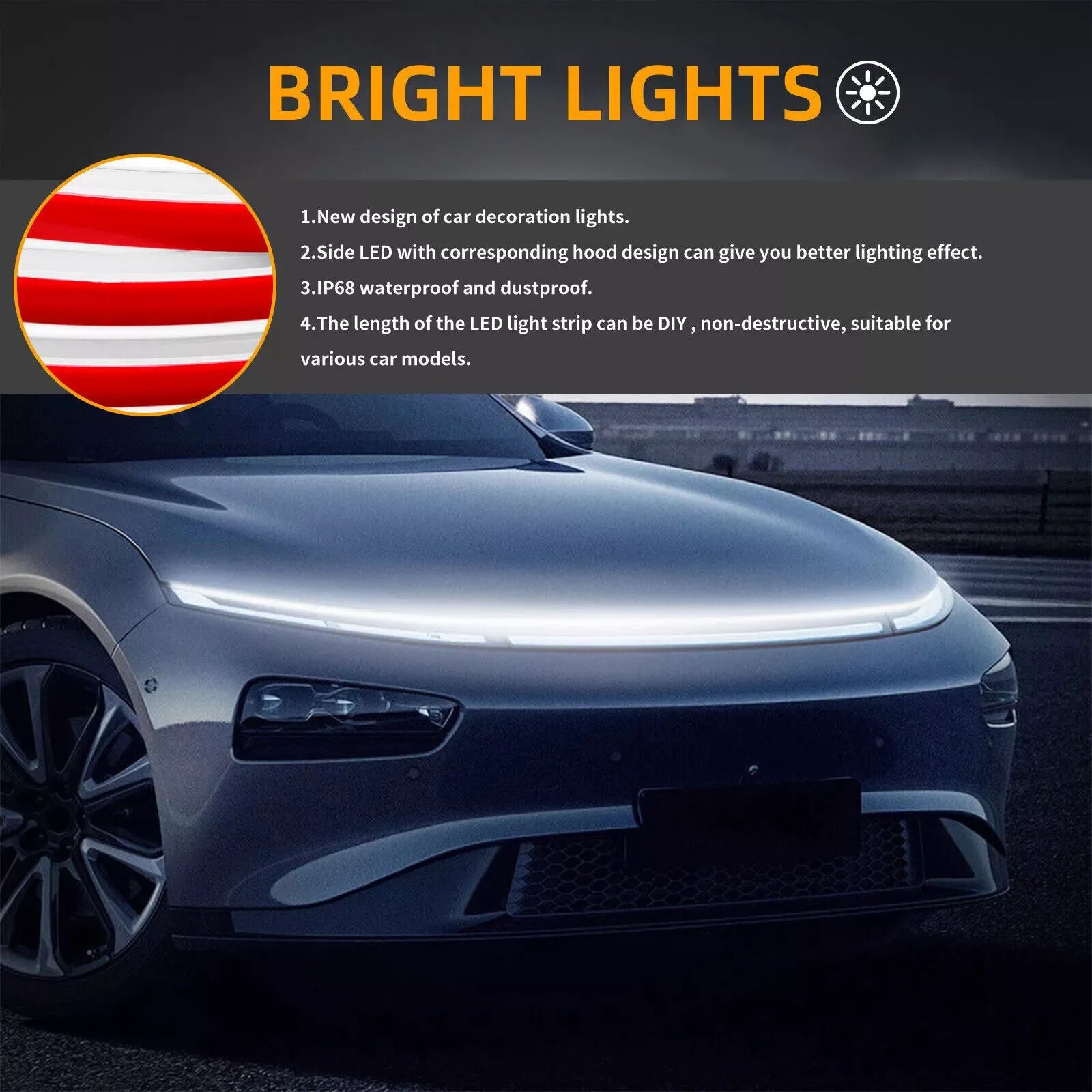 Bande lumineuse LED de 180 cm pour capot de voiture, éclairage de capot de moteur, feux de jour DRL LED, bande flexible étanche, accessoires de décoration de voiture.