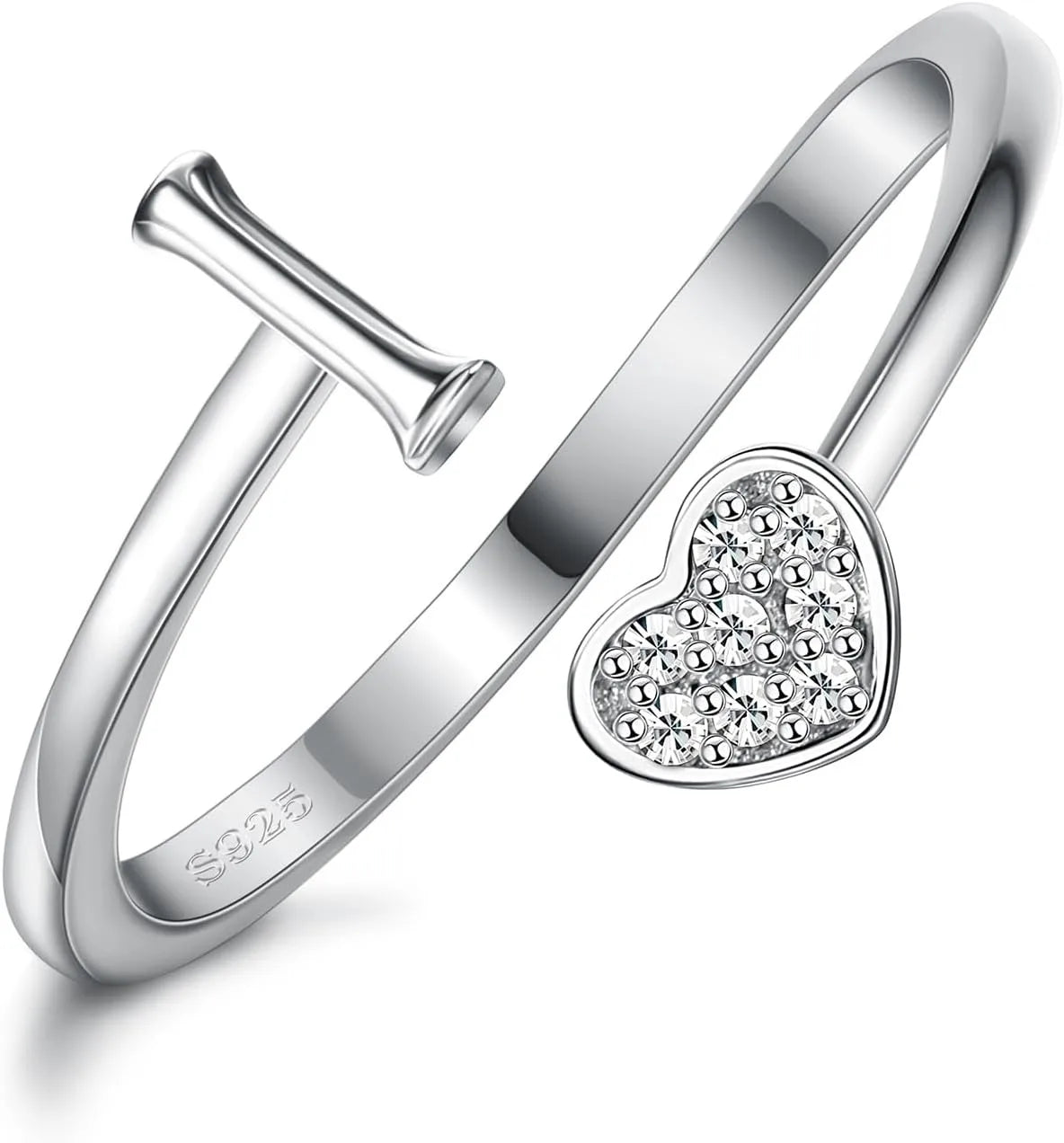 Fansilver Bagues initiales en argent sterling 925, bagues empilables réglables en forme de cœur, jolies bagues alphabétiques en forme de cœur, cadeau pour elle