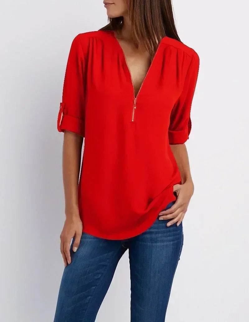 Chemise ample d'été pour femmes Col en V profond Blouse en mousseline Décontracté Tops pour femmes Sexy Fermeture éclair Pull Grande taille Manches longues Tendance
