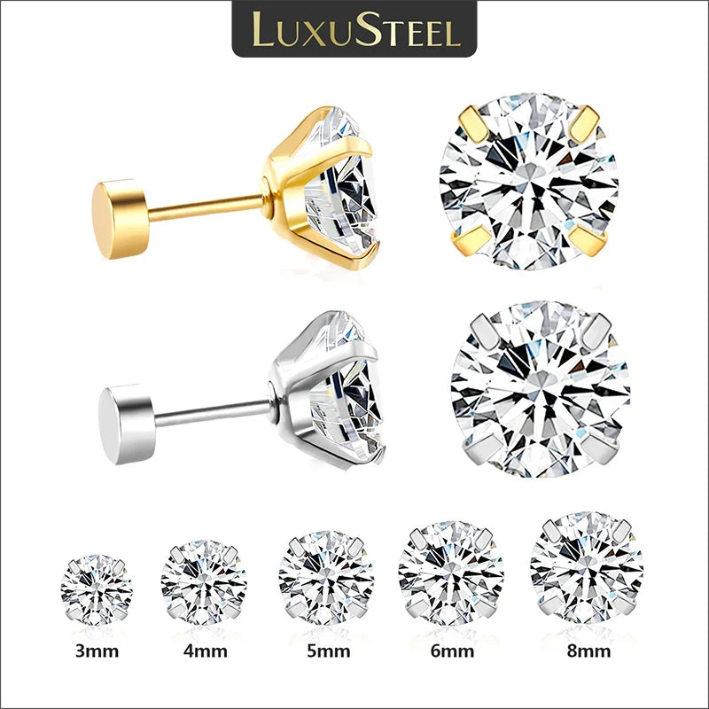 LUXUSTEEL 1 زوج/قطعتين أقراط مرصعة بالكريستال من الفولاذ المقاوم للصدأ للنساء والرجال، 4 شوكات، تراجس دائري من الزركونيا المكعبة الشفافة، مجوهرات الأذن