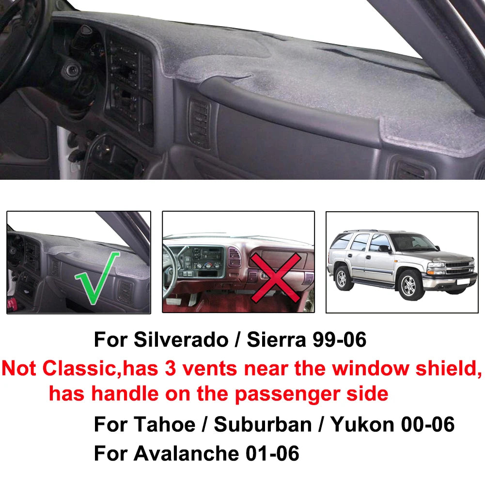 Pour Chevrolet Tahoe Suburban Avalanche Silverado 1500 Sierra 1500 1999 - 2006 Tapis de tableau de bord Couverture de tableau de bord Tapis de tableau de bord Noir