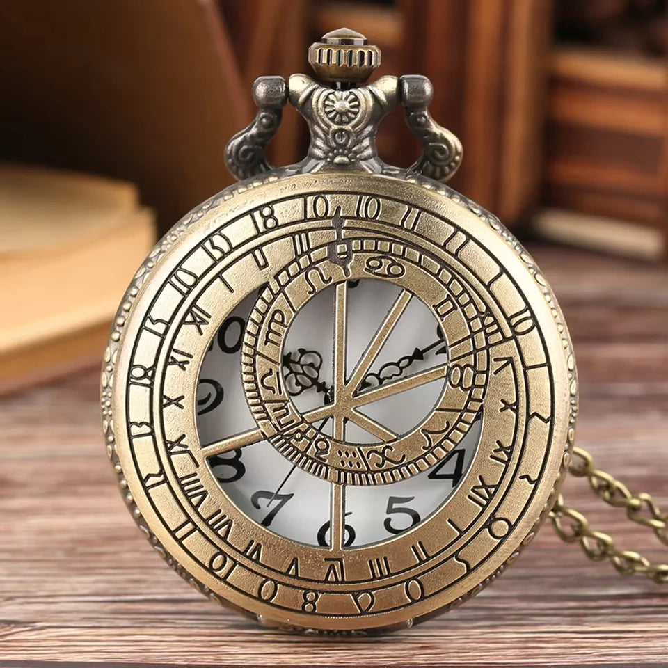 Montre de poche unisexe à quartz rétro en bronze avec motif boussole Zodiaque, montre de cou avec pendentif antique, cadeaux