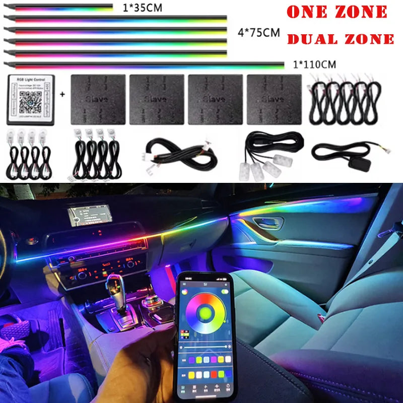 مصباح جو السيارة الأكريليكي بتقنية LED RGB 64/213 لونًا 14/18 في 1 مع تطبيق للتحكم وتأثيرات ألوان متدفقة - طقم مصباح إضاءة أحادي المنطقة أو مزدوج المنطقة