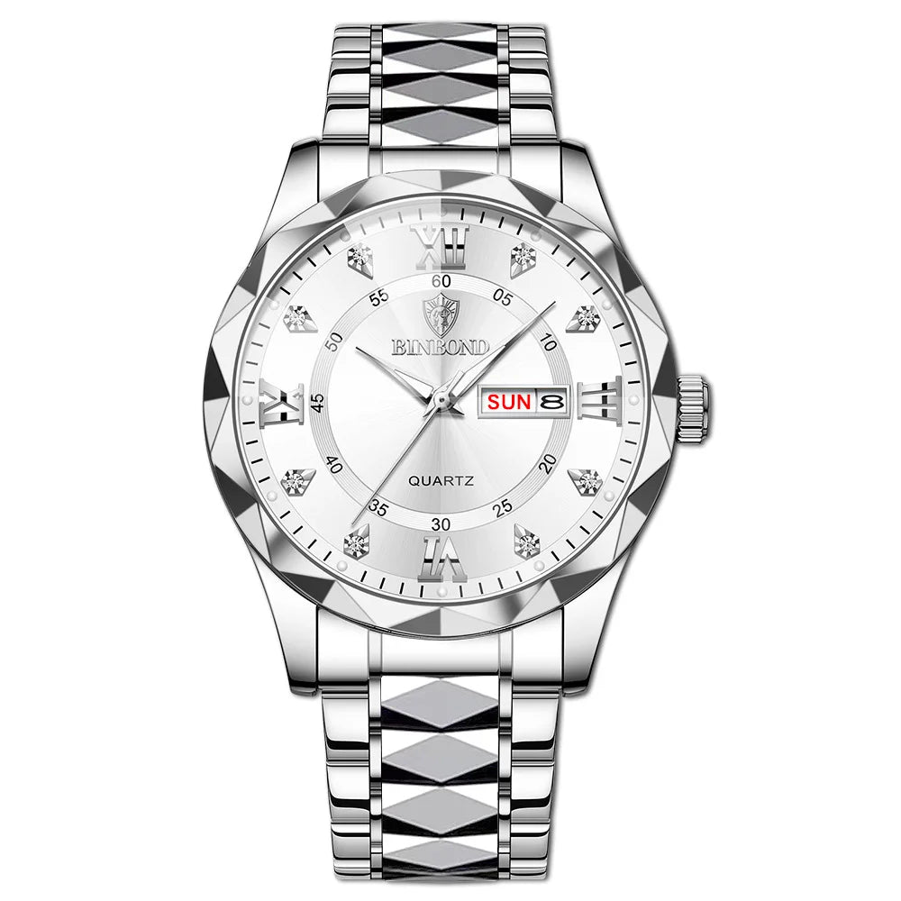 BINBOND Montre homme Acier inoxydable Qualité supérieure Luxe Fermoir caché à bouton poussoir Étanche Lumineuse Date Semaine Montres de sport
