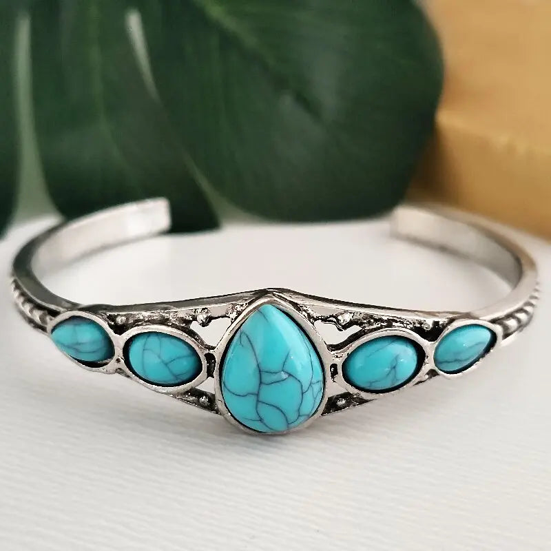 1pc nouveau style personnalité rétro turquoise sculpté géométrique évidé accessoires de luxe léger bracelet ouvert réglable