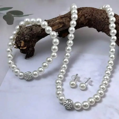 Ensemble de 3 pièces : Collier, Bracelet et Boucles d'Oreilles Clous Imitation Perle Boule de Feu, Couleur Argent, Cristal, Bijoux Élégants pour Mariée