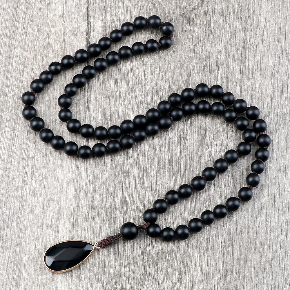 Collier pendentif goutte pour homme, fait à la main, perles d'onyx noir mat et brillant de 8 mm, collier chapelet pour femme, bijoux de yoga et de méditation, cadeaux