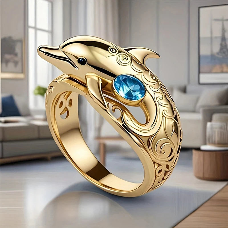 Bagues pour femmes Huitan au design chic de dauphin Bagues animales océaniques avec zircon cubique bleu Cadeaux Bijoux de mode à porter au quotidien