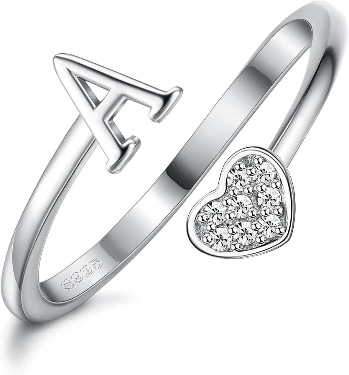 Fansilver Bagues initiales en argent sterling 925, bagues empilables réglables en forme de cœur, jolies bagues alphabétiques en forme de cœur, cadeau pour elle