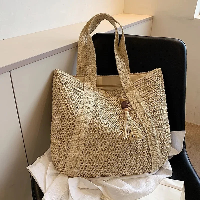 Sac à main élégant en paille tissée pour femme - Sac fourre-tout décontracté pour les vacances à la plage, les trajets quotidiens - Sacs à main rétro à bandoulière tendance 2024