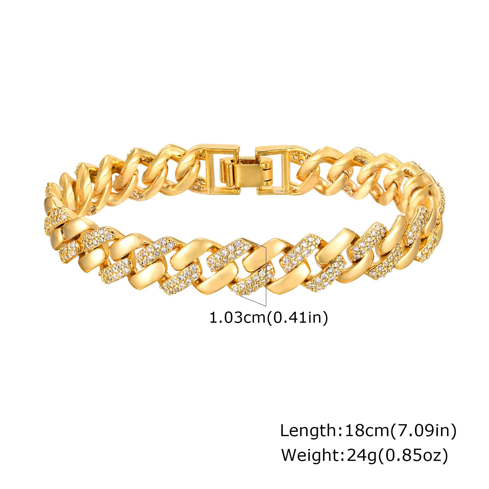 Bracelet chaîne trombone en or 14 carats plaqué oxyde de zirconium, bracelet de montre à maillons épais réglable et superposable pour femme et fille, idée cadeau