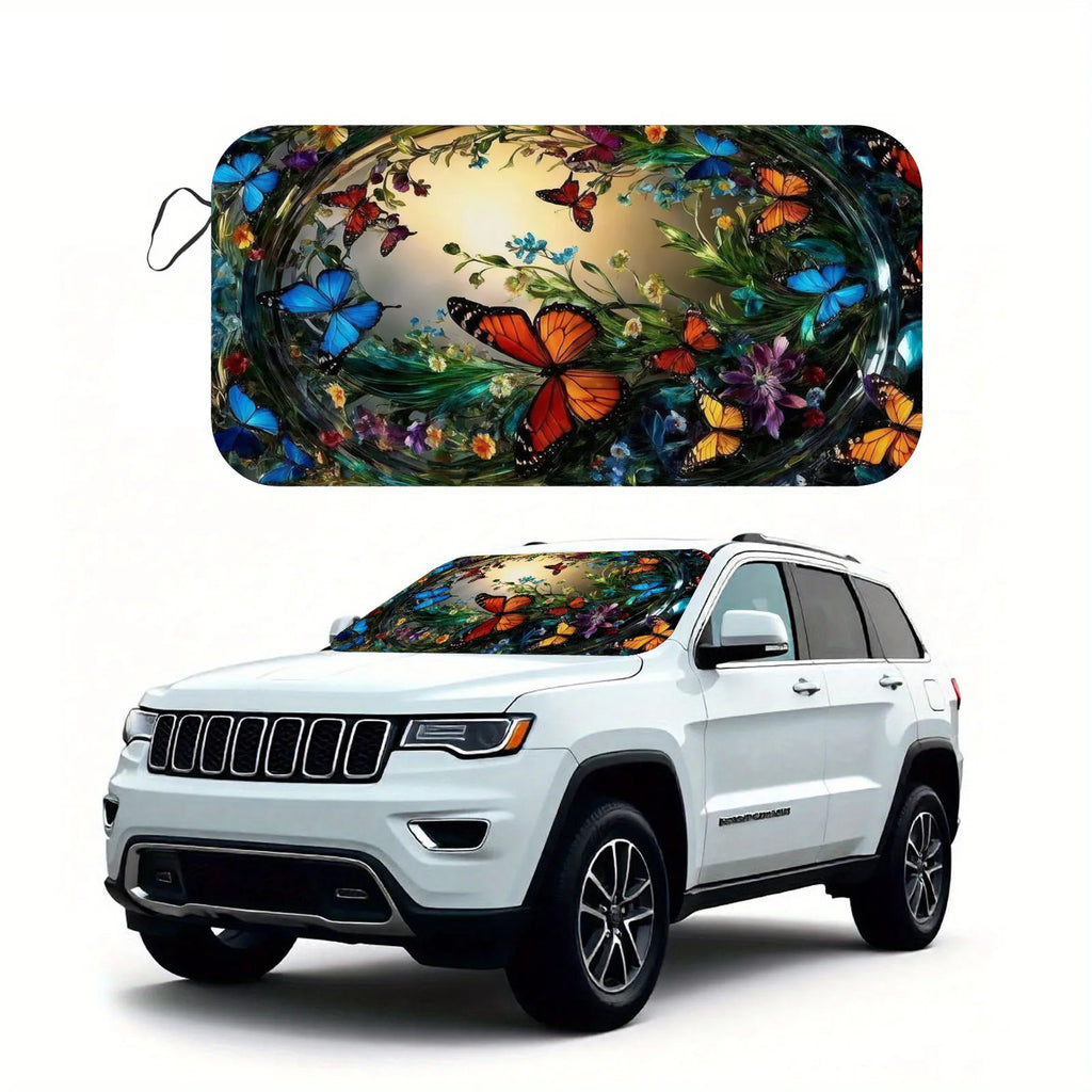 Butterfly Garden Pattern Printed Car Windshield Shade, Windshield UV Blocking Sun Shield Protector Foldable