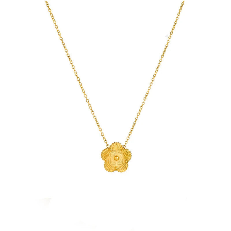 Collier en Acier Inoxydable Plaqué Or 14 Carats pour Femme, Pendentif Double Face Cinq Pétales de Fleur, Bijou Trèfle