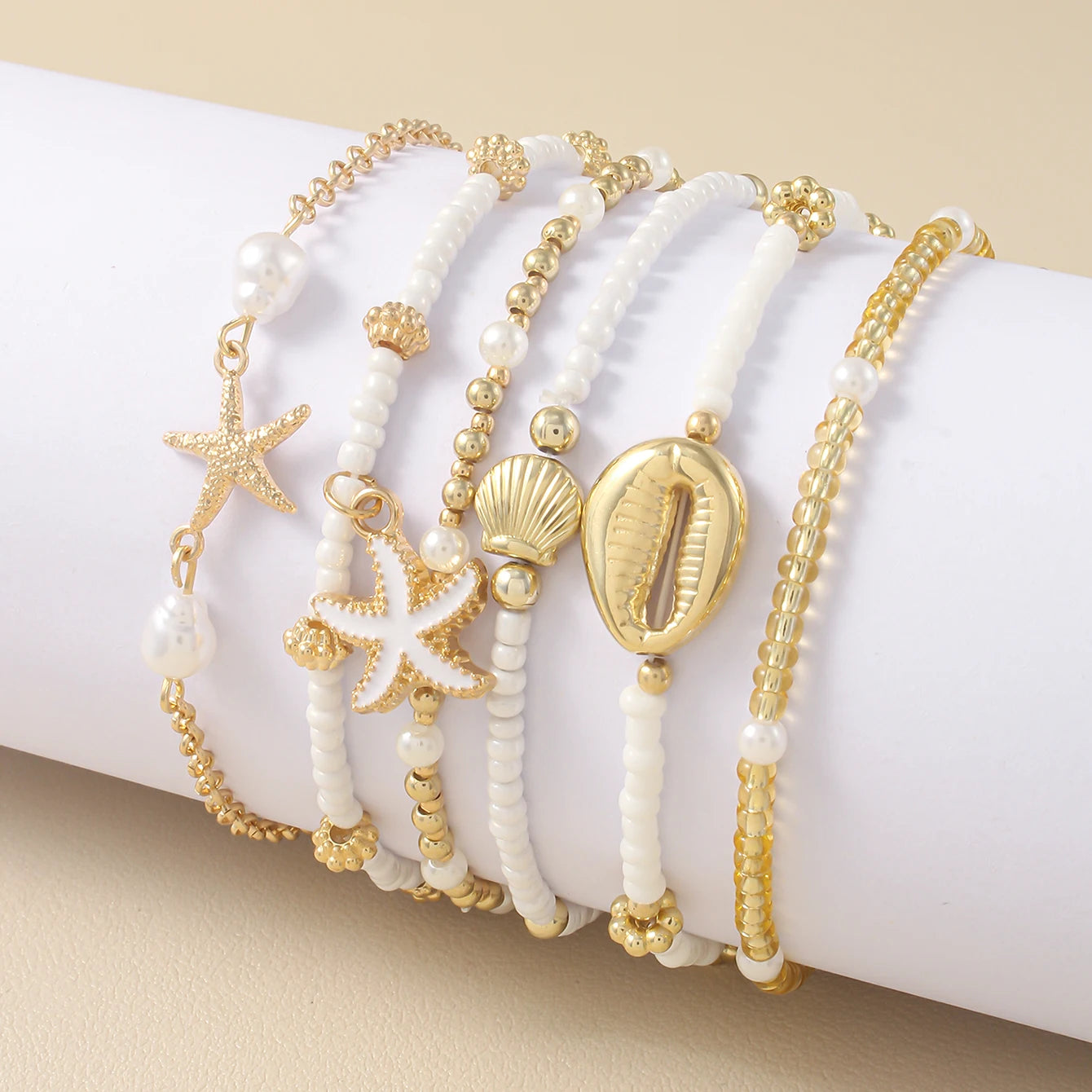 Vintage Seed Bead Stacked Bracelet Set Starfish Shell Embellishment Bracelets Elegant Women's Summer Beach Party Ideal Jewelry