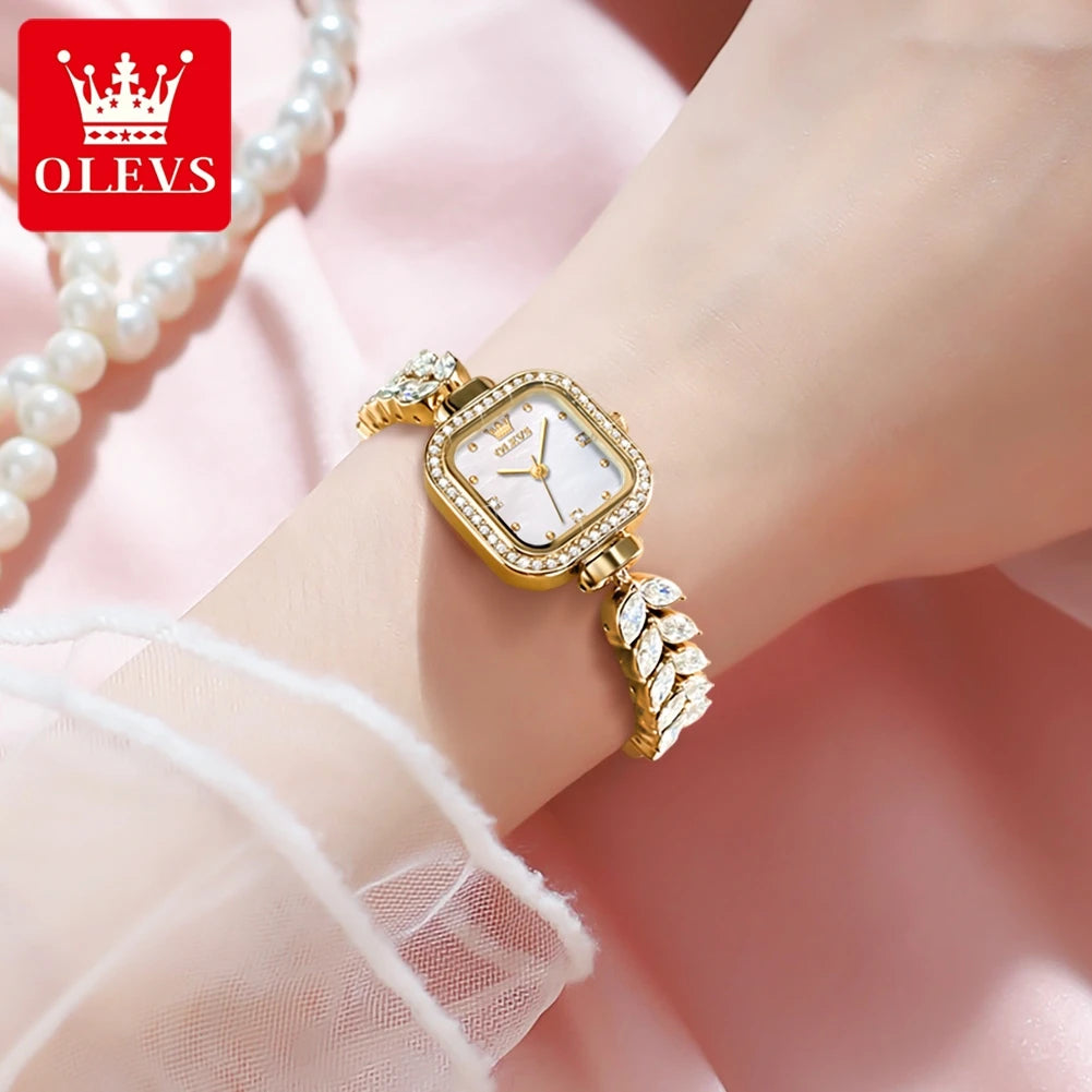 ساعة يد نسائية OLEVS 9987، ساعة كوارتز مربعة مقاومة للماء للنساء، ساعة يد نسائية فاخرة أصلية أنيقة بسوار فولاذي