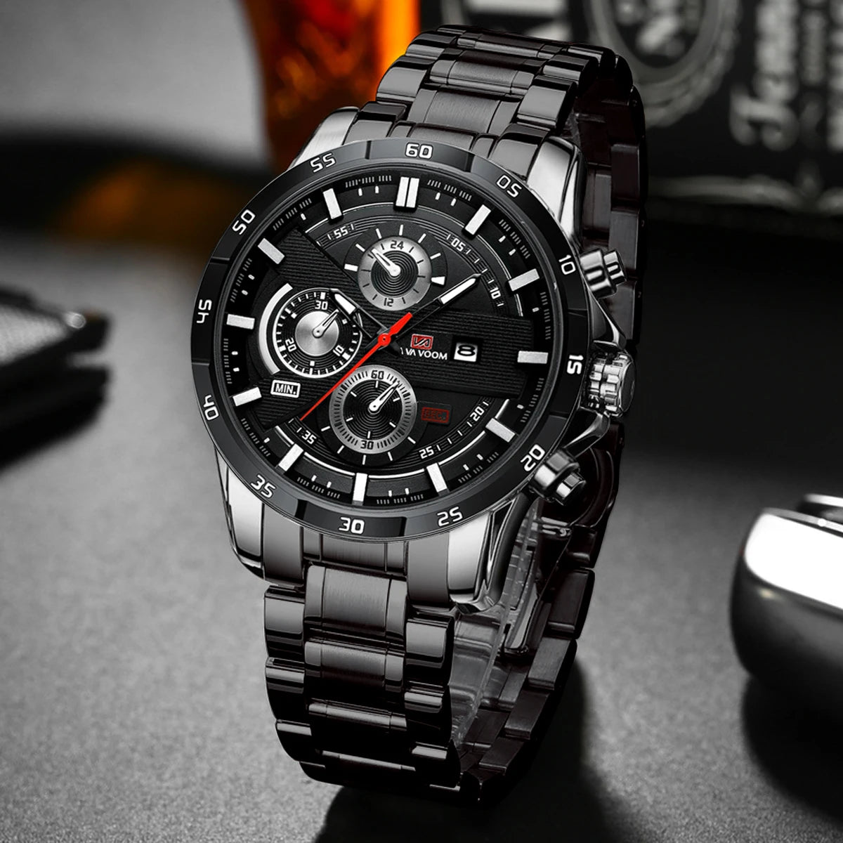 Montre Homme Sport Mode Série Racing 46mm Cuir Noir Horloge VA VA VOOM Mouvement Quartz Étanche 3 Bars Montre-bracelet pour Hommes