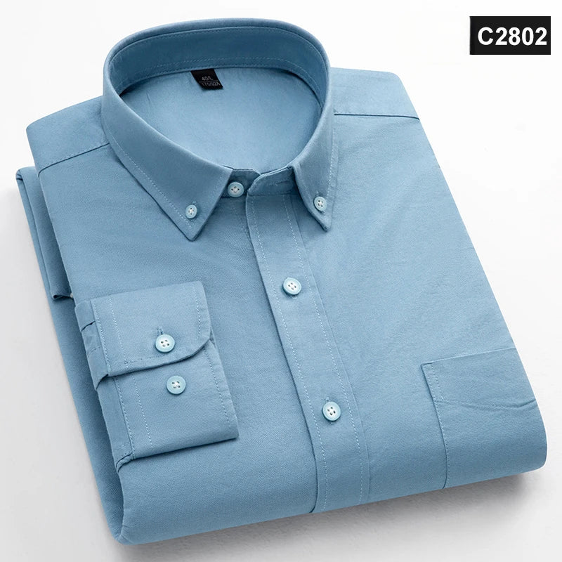 Chemise à manches longues 100 % coton pour homme, coupe classique, poche unique, coupe ajustée, haut décontracté, tissu Oxford doux, couleur unie, vêtements de bureau
