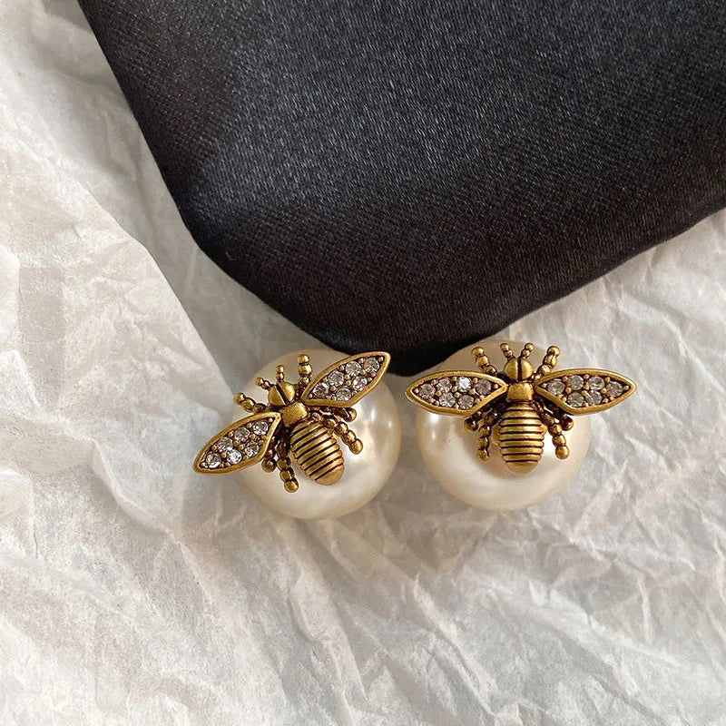 Boucles d'oreilles clous abeille insecte perle de charme vintage pour femmes tempérament exquis couleur or zircon bijoux fête accessoires cadeau