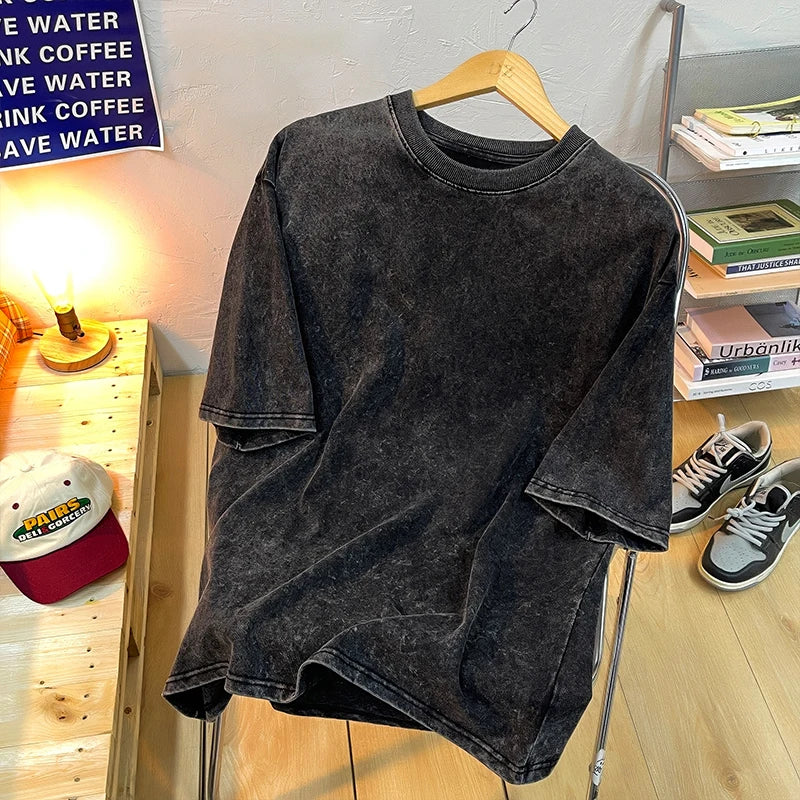 T-shirts Homme Femme Vintage Flocon de Neige Point Couleur Unie 100% Coton Manches Courtes Lavage à l'Eau Vieille Rue Hip Hop