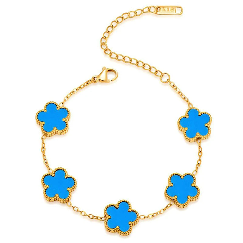 Collier en Acier Inoxydable Plaqué Or 14 Carats pour Femme, Pendentif Double Face Cinq Pétales de Fleur, Bijou Trèfle