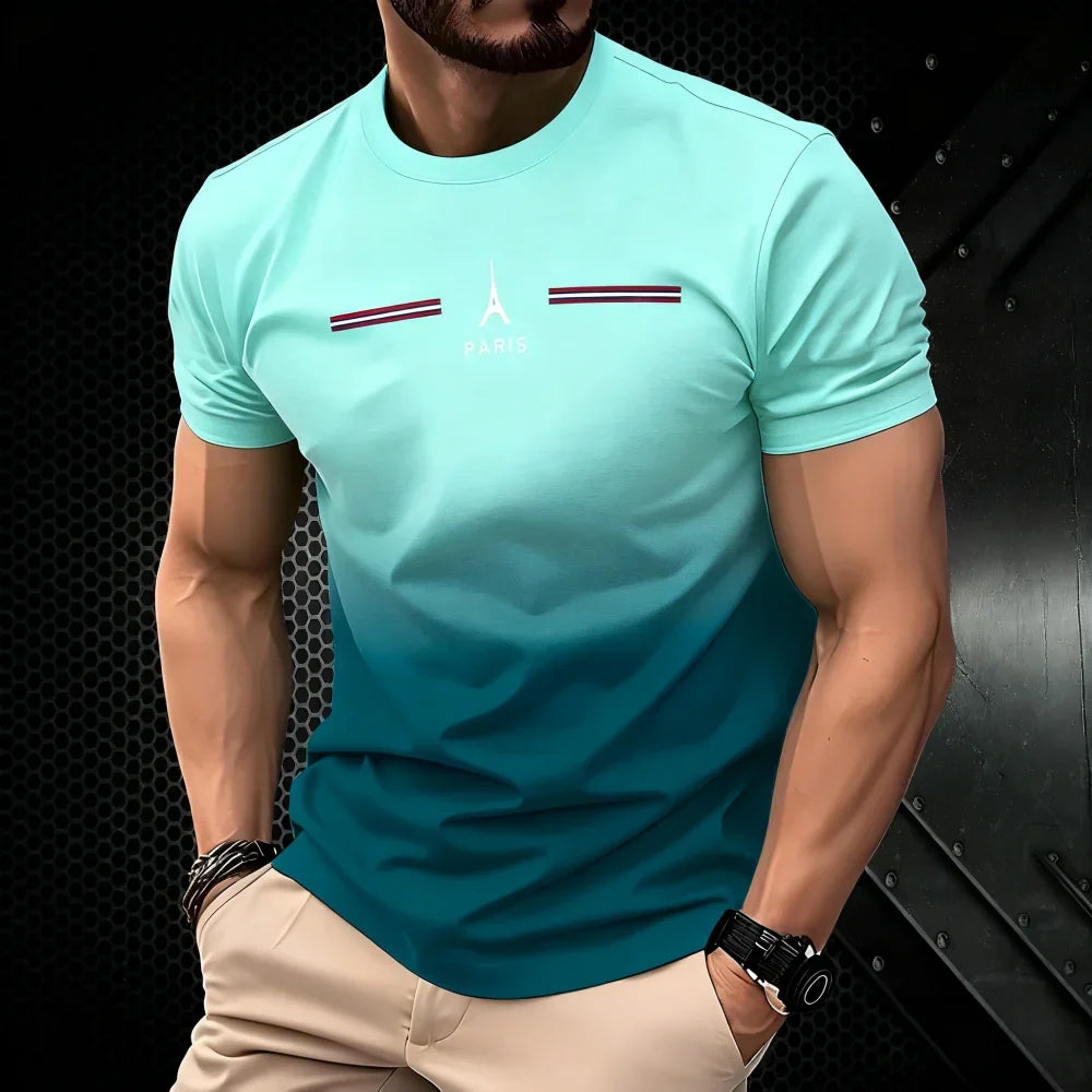 T-shirt homme d'été dégradé 3D simple avec impression Paris, vêtement décontracté, coupe oversize, col rond, manches courtes, pour le sport