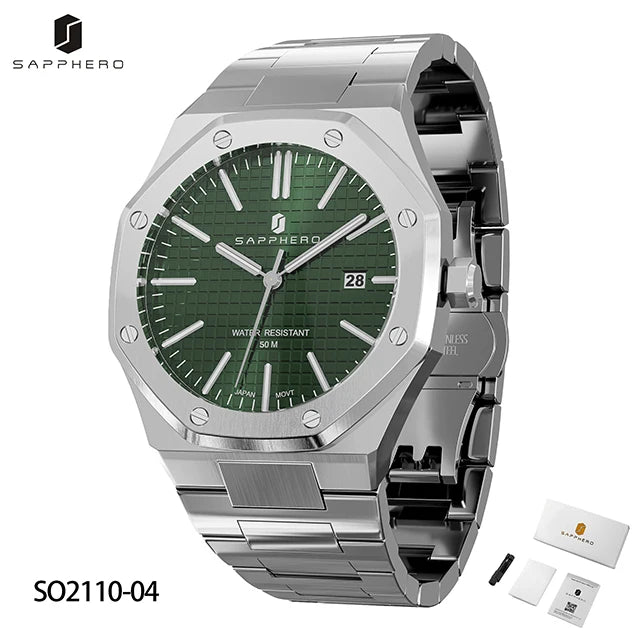 Montre SAPPHERO pour hommes, bracelet en acier inoxydable, design résistant à l'eau, calendrier automatique, cadeaux de fête, horloge de boîte-cadeau exquise