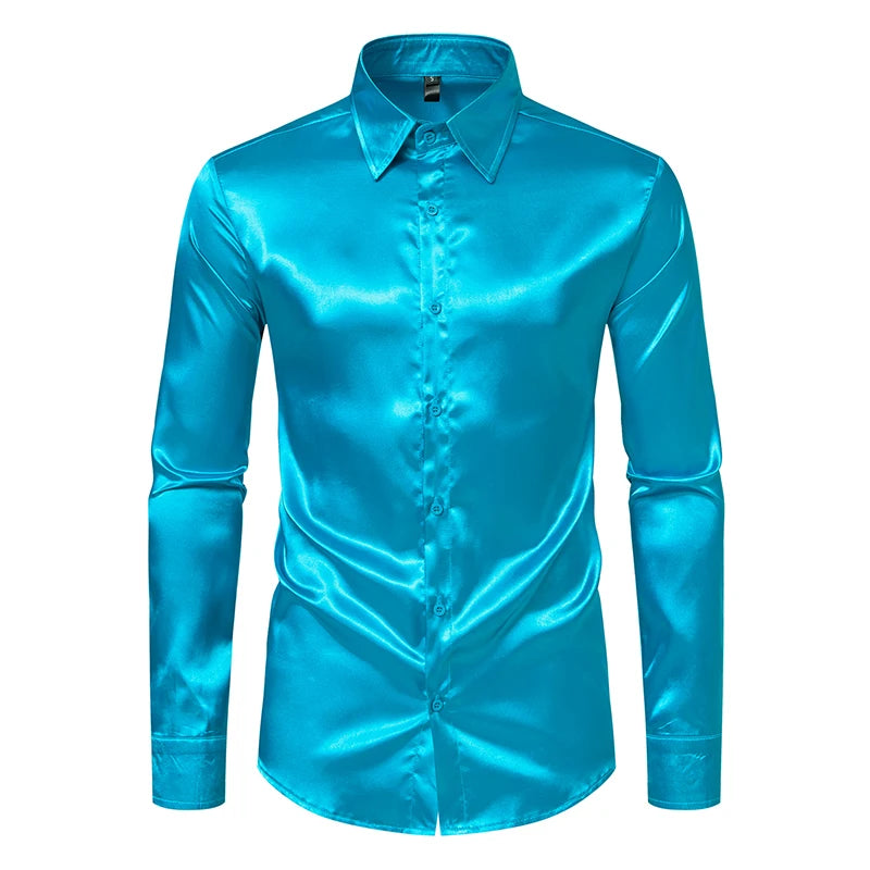Chemises habillées de luxe en satin noir pour hommes, chemise de smoking lisse en soie, chemise unie pour mariage, bal, décontractée, bureau d'affaires