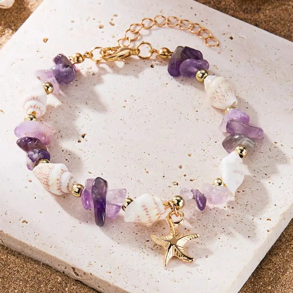 Bracelet Pendentif Étoile de Mer Bohème pour Femme, Bracelet Perlé en Pierres Concassées Fait à la Main, Bijou de Plage d'Été, Accessoire de Voyage, Cadeau