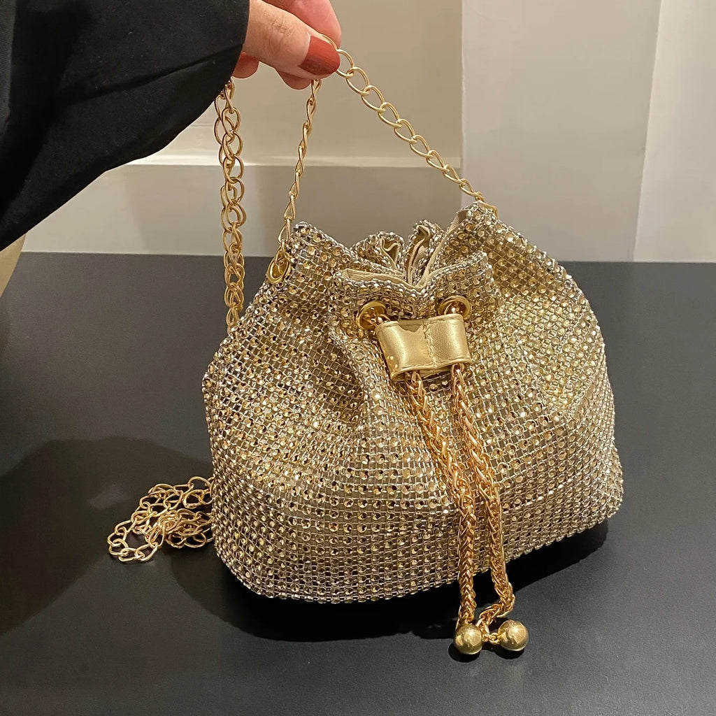 Sac bandoulière seau pour femme, brillant, avec cordon de serrage, multi-fonctionnel, disponible en 5 couleurs : vert, doré, argenté, noi