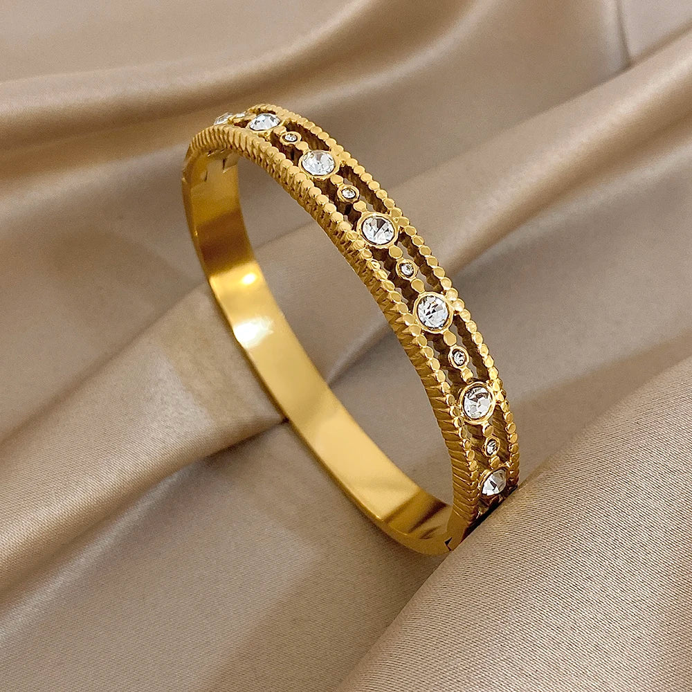 Exquis Bracelet Jonc Incrusté de Zircon Nouvelle Manchette Plaqué Or Femme Homme Géométrique Empilable Étanche Breloques Bijoux Cadeaux