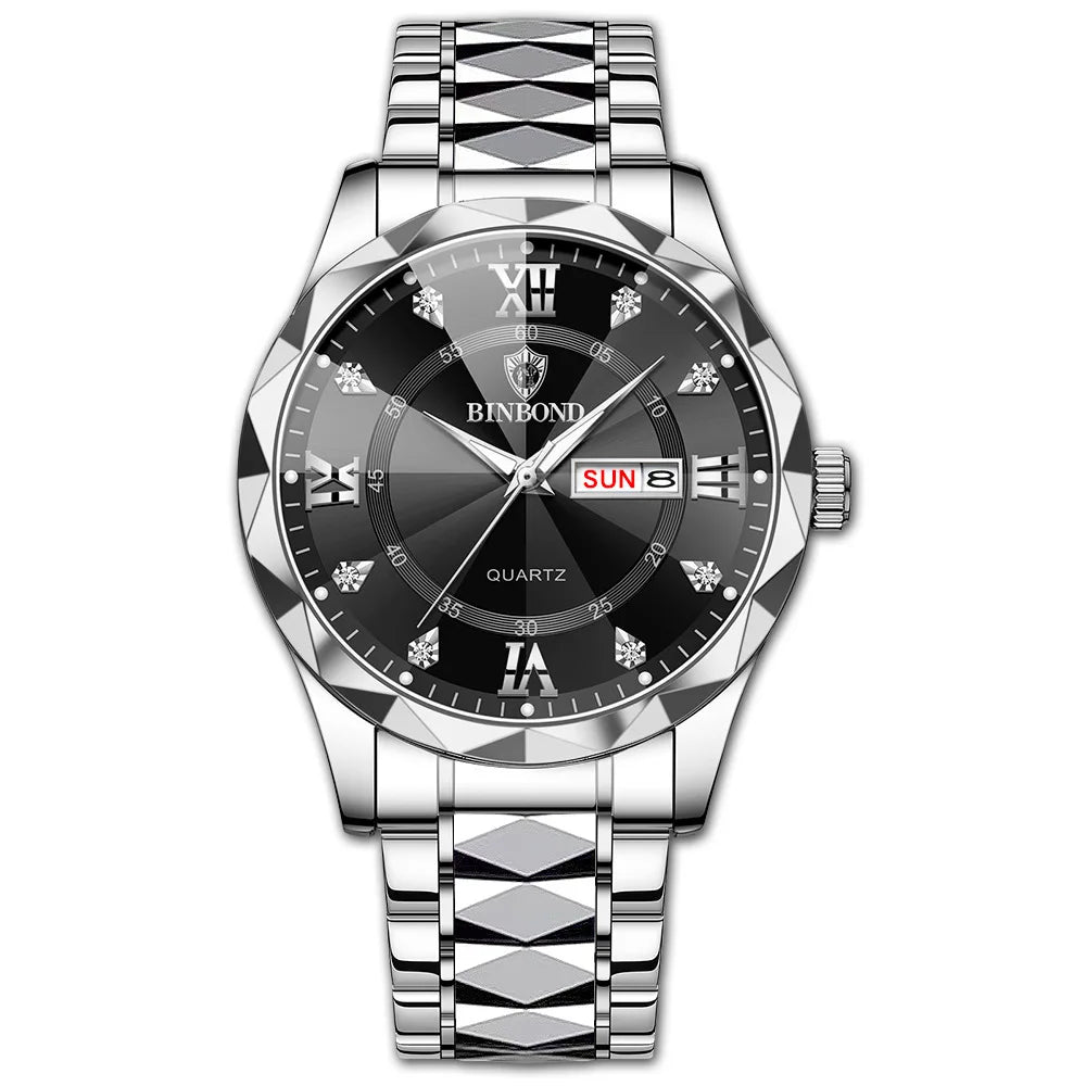 BINBOND Montre homme Acier inoxydable Qualité supérieure Luxe Fermoir caché à bouton poussoir Étanche Lumineuse Date Semaine Montres de sport