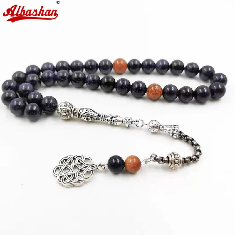 Natural Blue SandStone tasbih with Gold sandstone Muslim man's gfit For Eid 33 45 99 Paryer beads Special New misbaha bracelet