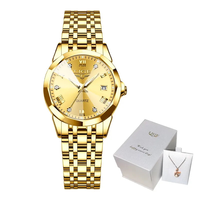 Montre-bracelet LIGE élégante ultra-fine de style nordique simple à mouvement quartz pour femme, bracelet en acier inoxydable tendance