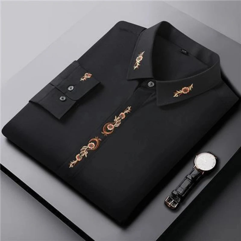 Chemise brodée décontractée manches longues, hauts, col polo, ample, grande taille, vintage, tendance mode masculine, printemps automne