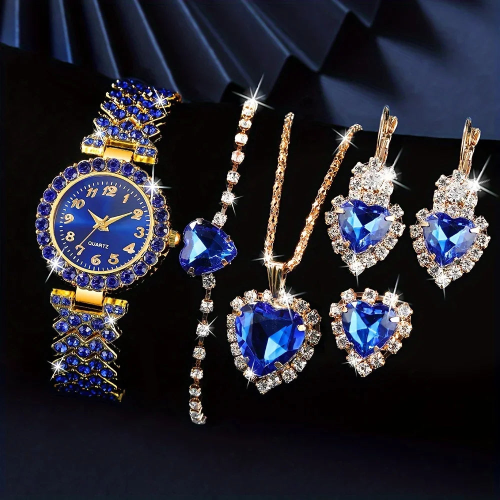 Une montre à quartz pour femme, comprenant un assortiment de 6 pièces : une montre en alliage à boîtier rond, des boucles d'oreilles, un collier et une bague,