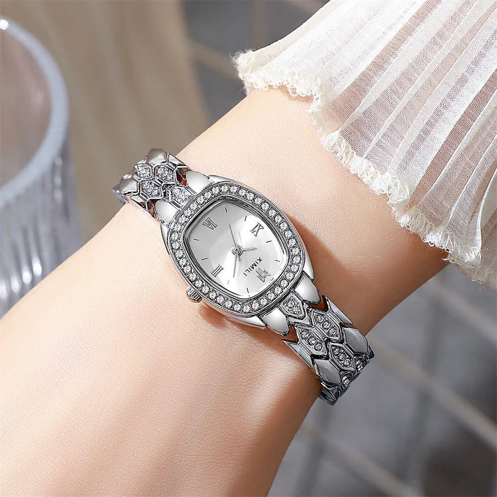 Luxury Gold Plated Ladies Fashion Quartz Watch Simple Rome Barrel-Shaped Stainless Steel Business Clock Quality Buckle Strap
